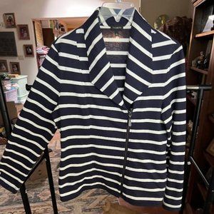 Navy striped jacket with side zipper.
